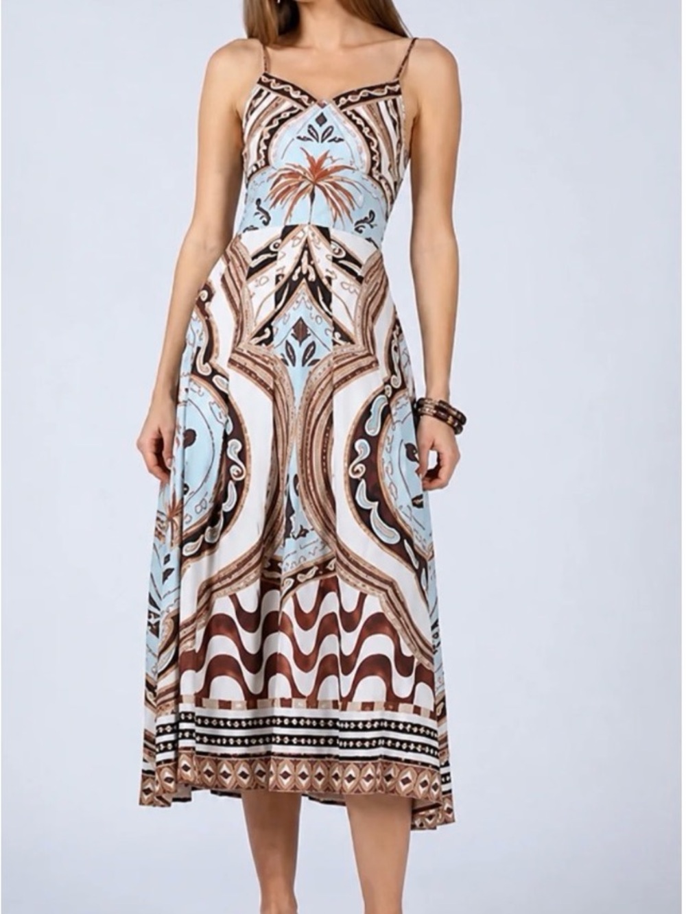 Liliana Light Blue and Brown Printed Midi Dress NWOT